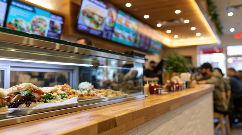 Fast food counter with glass display case holding sandwiches and salads, digital menu above, customers seated at bar