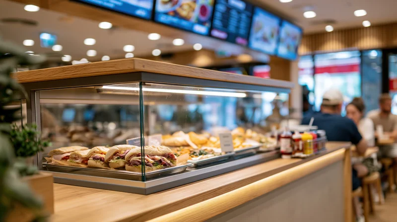 Glass display case filled with sandwiches at a fast food counter interior