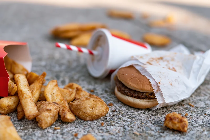 Fast food meal scattered on rough concrete ground