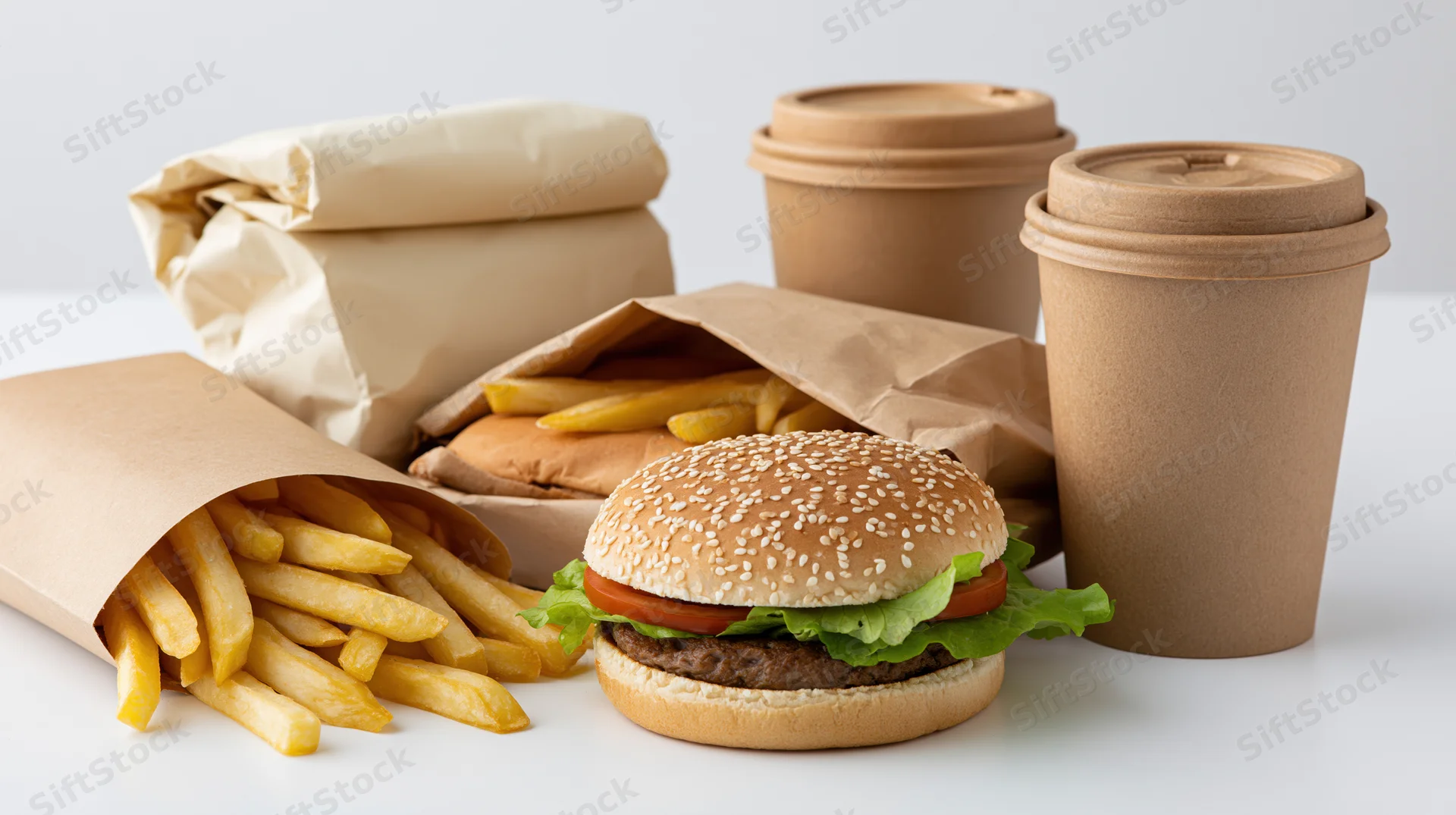 Cheeseburger with french fries and coffee in paper cups and bags on a white surface