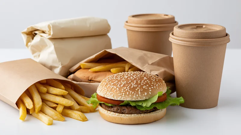 Cheeseburger with french fries and coffee in paper cups and bags on a white surface