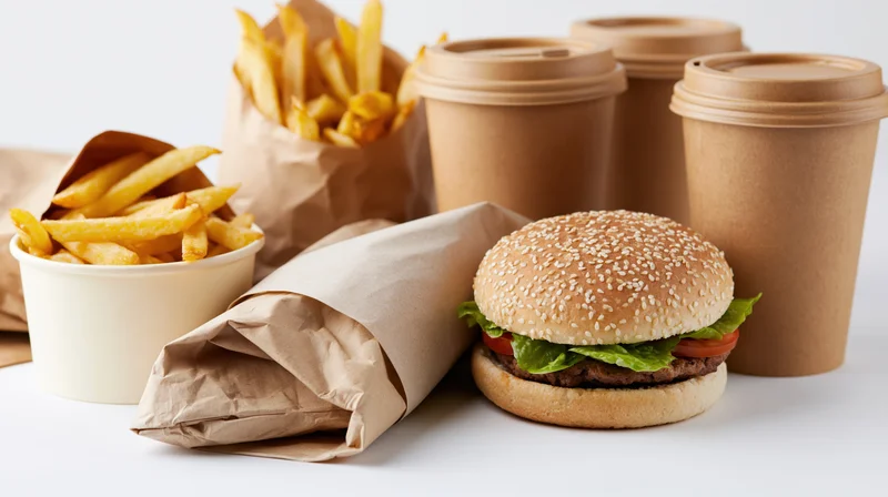 Cheeseburger with fries and coffee cups arranged on a white surface in a fast food meal setup