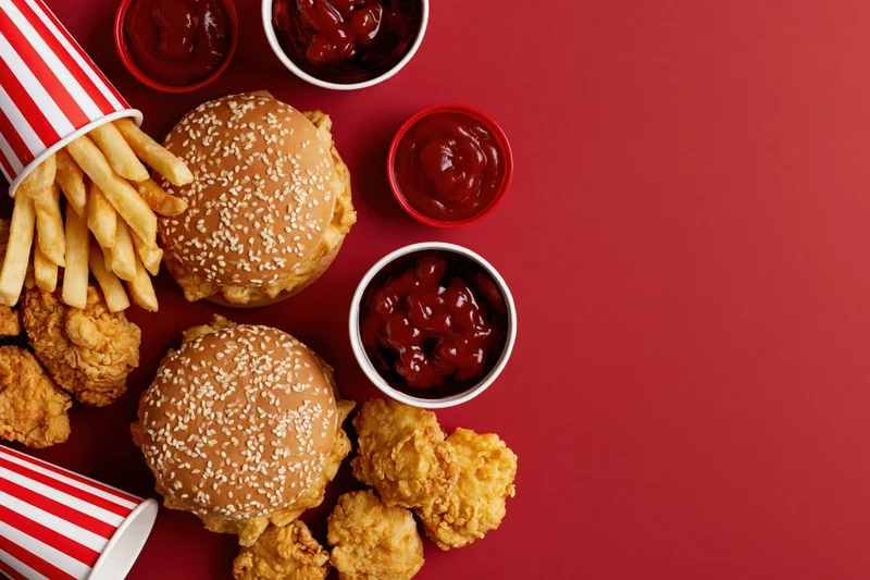 Fast food items including burgers, fries, chicken nuggets and ketchup arranged on a red surface with copyspace on the right