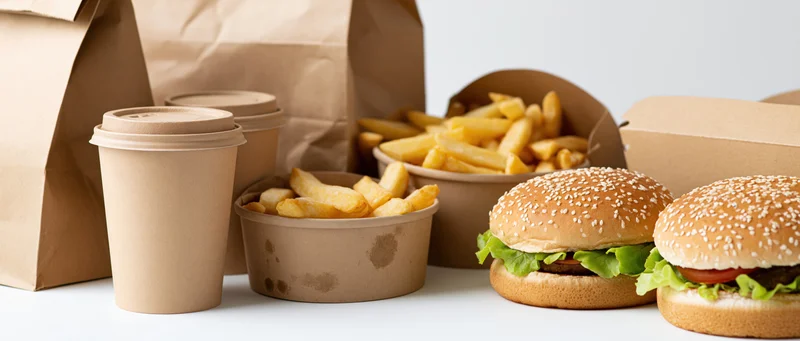 Two burgers with fries and coffee in paper containers on a white surface