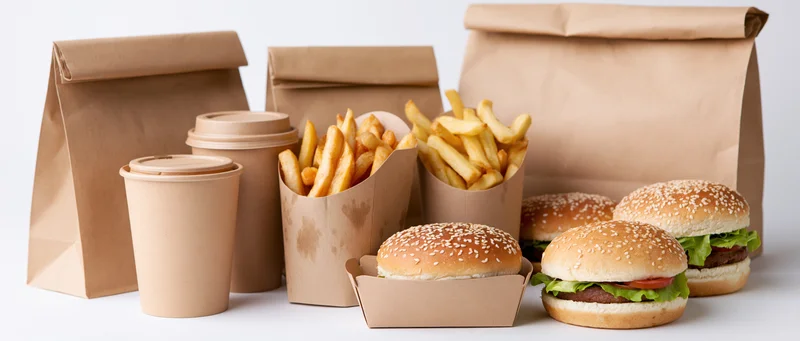 Fast food takeout set with burgers, fries, and coffee in kraft paper packaging on white surface
