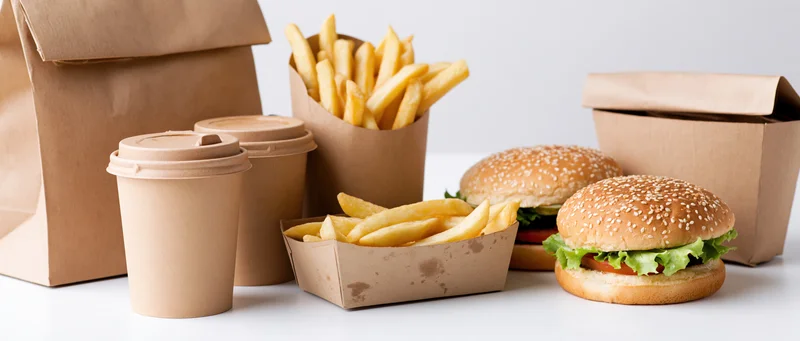 Fast food takeout set with burgers, fries, and coffee in paper packaging on a white surface