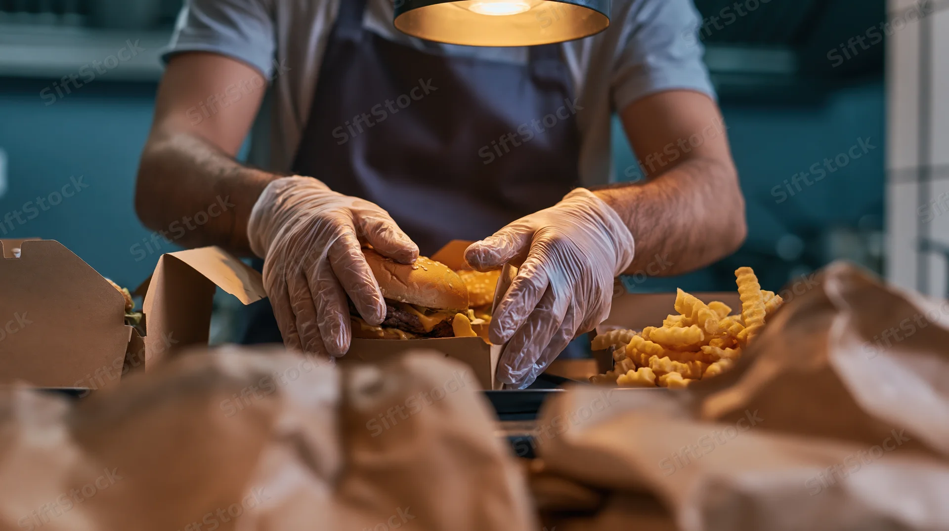 Fast food worker assembling a burger and fries in a kitchen with gloves and packaging around