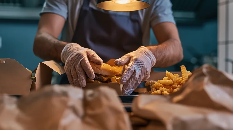 Fast food worker assembling a burger and fries in a kitchen with gloves and packaging around