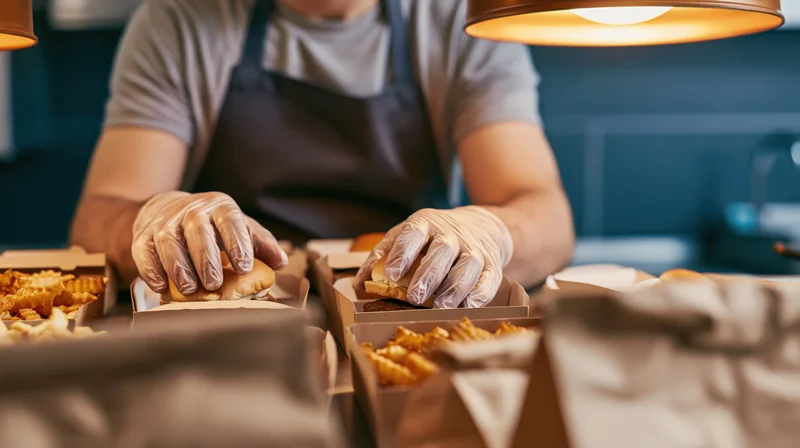 Fast food worker assembling burgers and fries in cardboard boxes at a restaurant counter