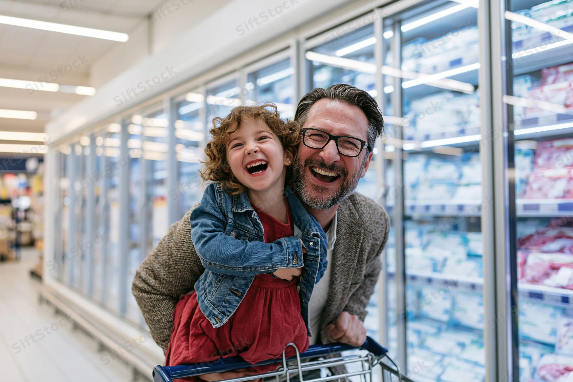 Father carrying young daughter in arms while pushing shopping cart in supermarket aisle