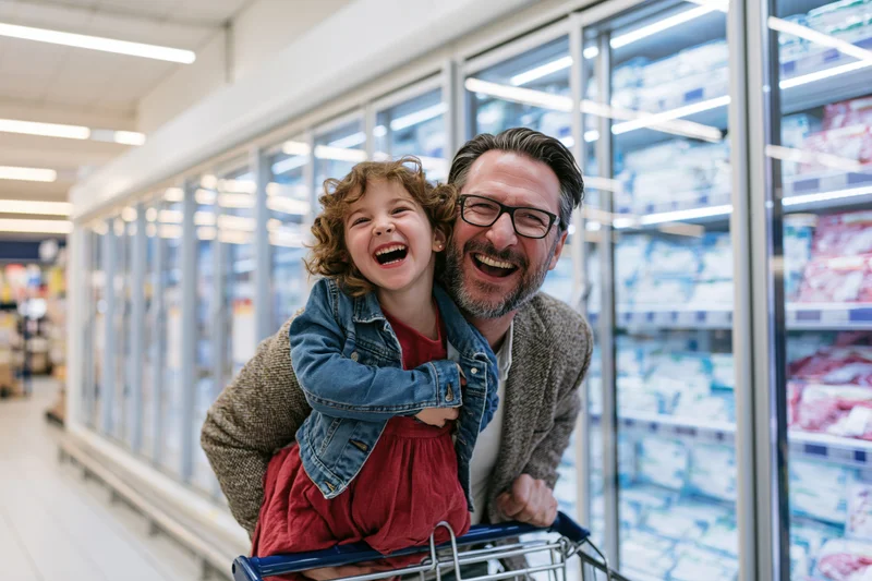 Father carrying young daughter in arms while pushing shopping cart in supermarket aisle