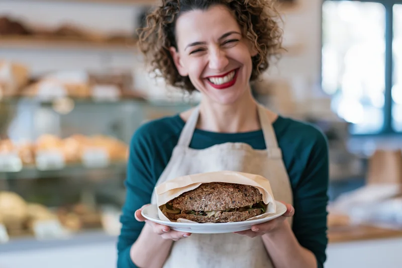 Woman in apron smiling while holding a plate with a sandwich in a cafe