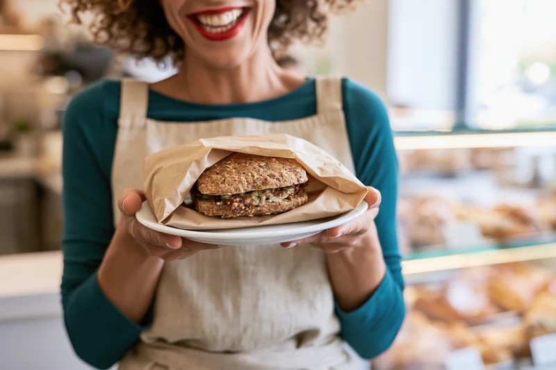 Woman in apron holding plate with sandwich in bakery cafe
