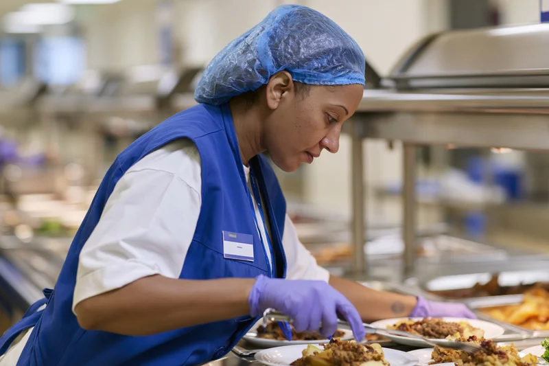 Woman in blue uniform and hairnet serving food portions at cafeteria buffet line