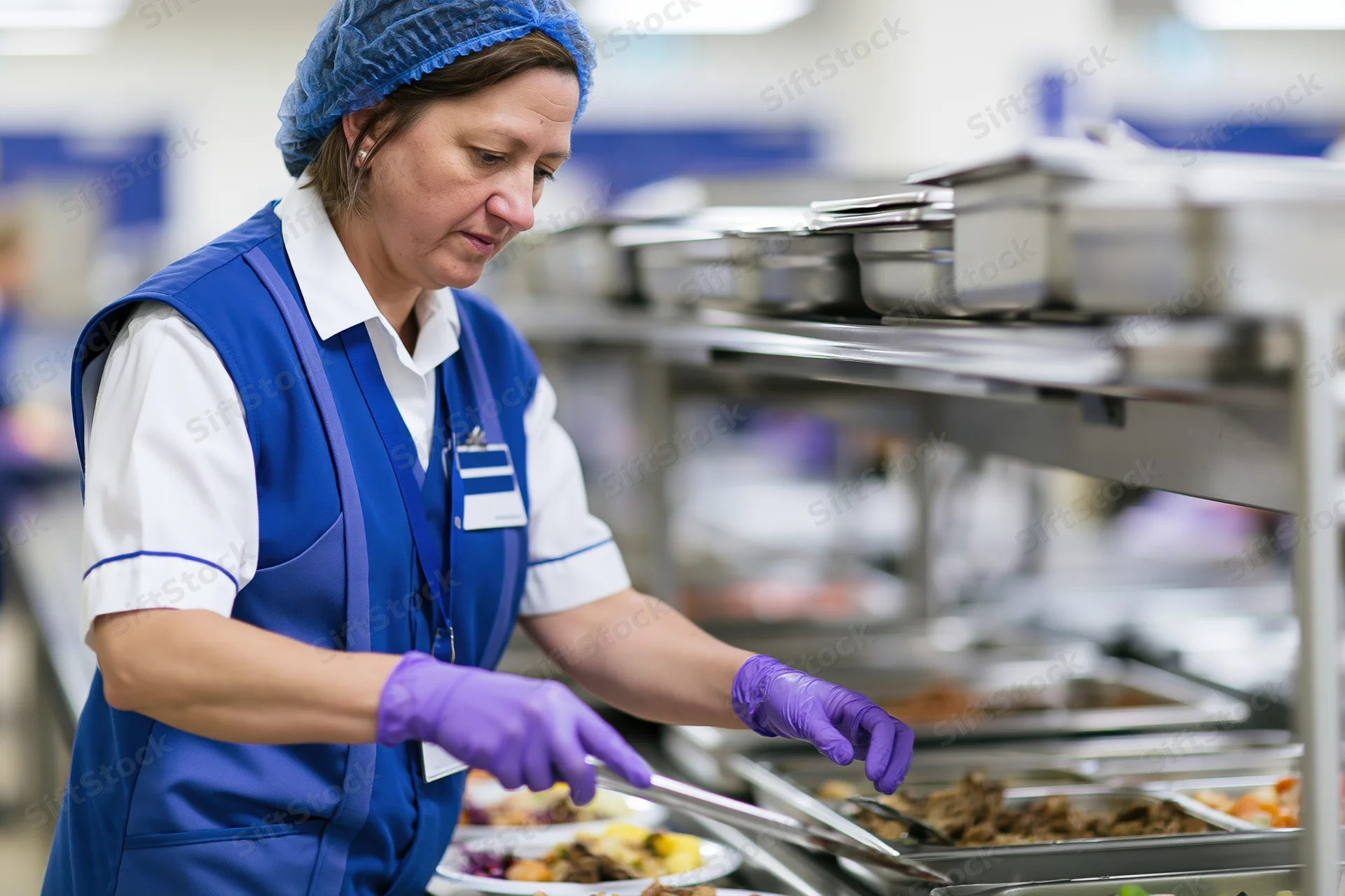 Woman in blue uniform serving food from stainless steel trays in a commercial cafeteria kitchen