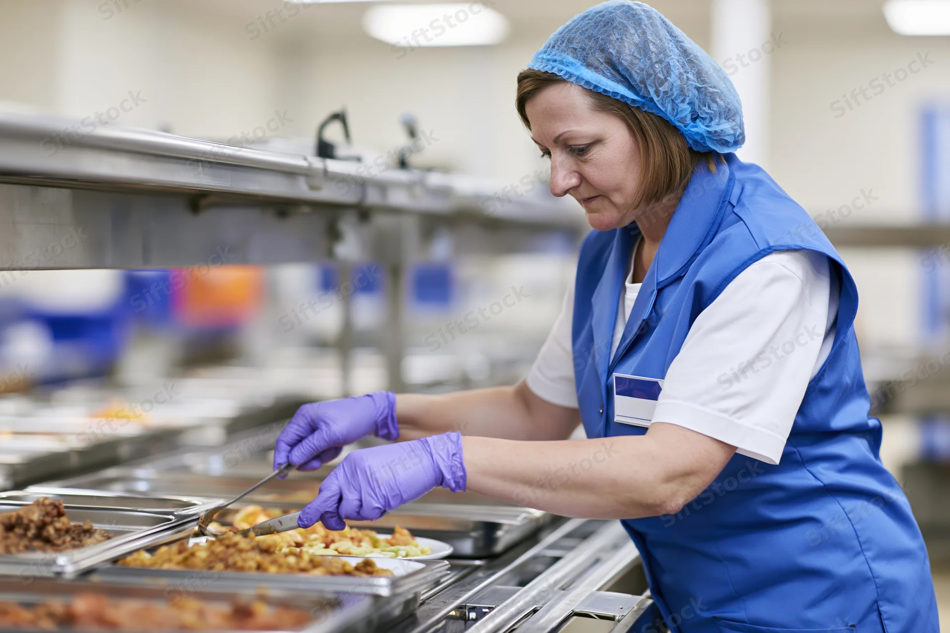 Woman in blue uniform and hairnet serving food portions at a cafeteria buffet line