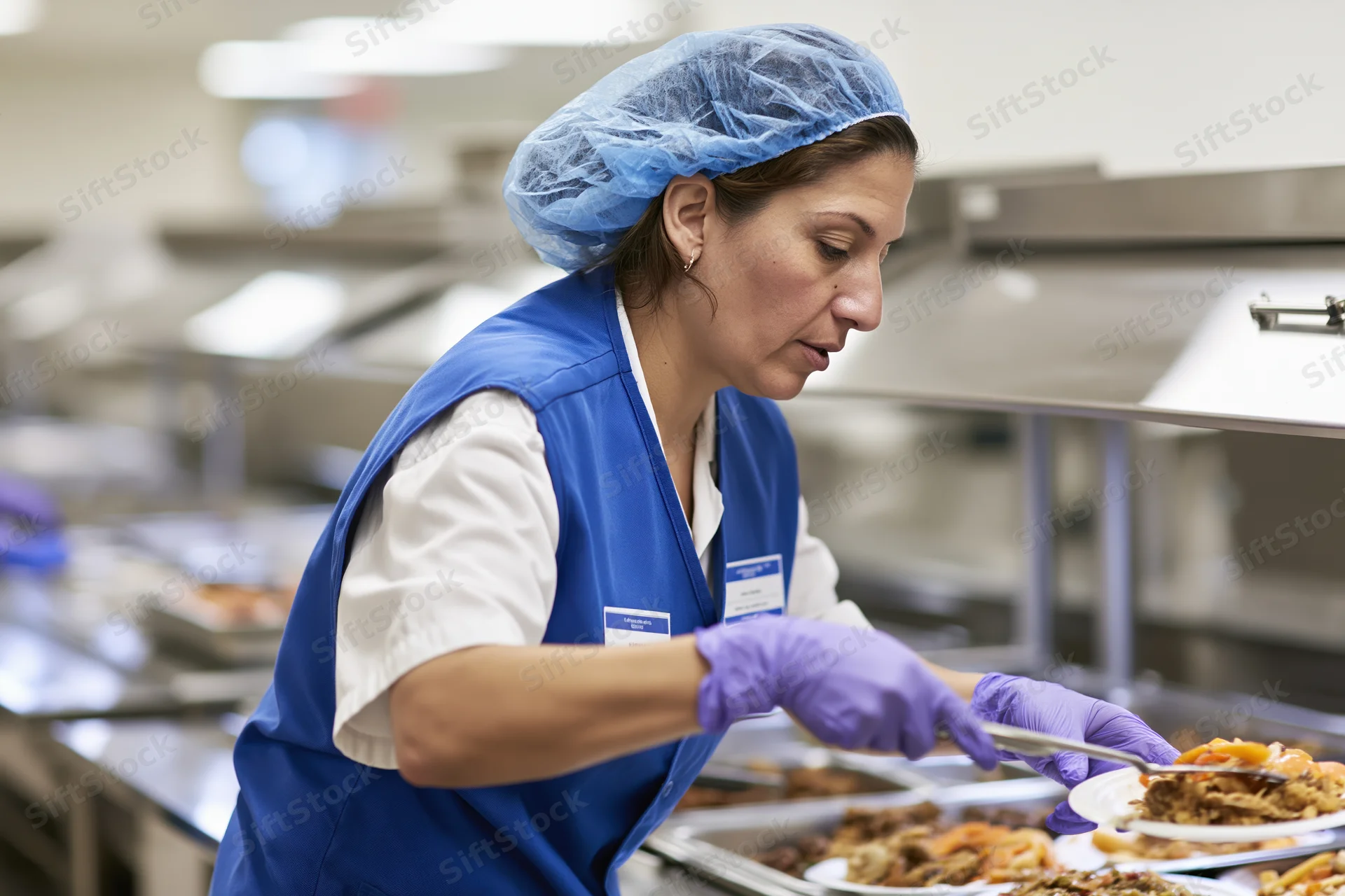 Woman in blue vest and hairnet serving food portions in a commercial kitchen