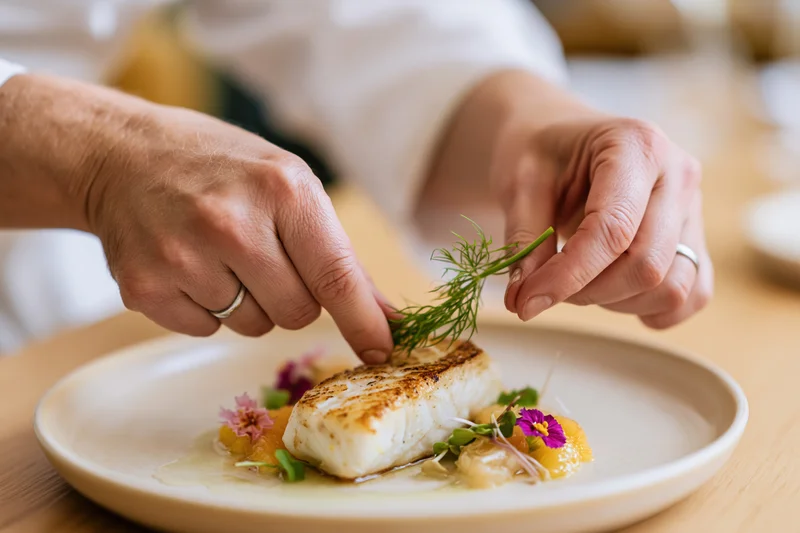 Chef's hands placing a sprig of dill on a seared white fish dish on a plate
