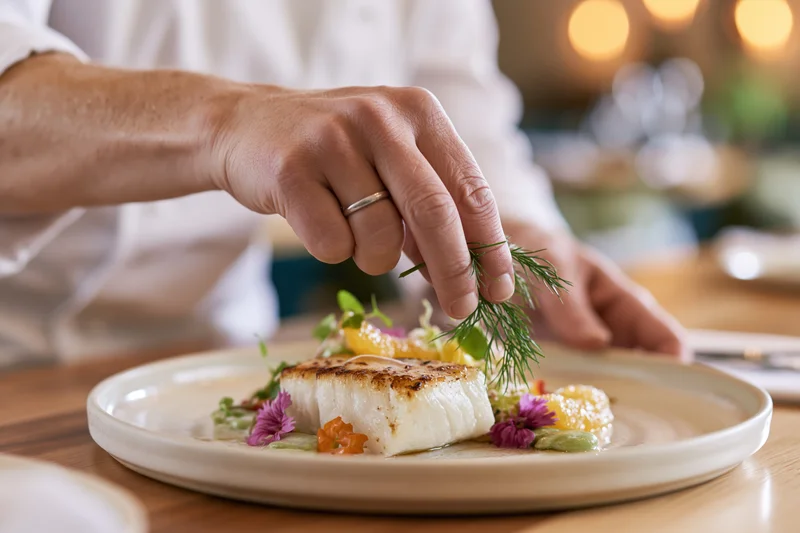 Woman chef placing dill garnish on seared white fish dish on plate at restaurant table