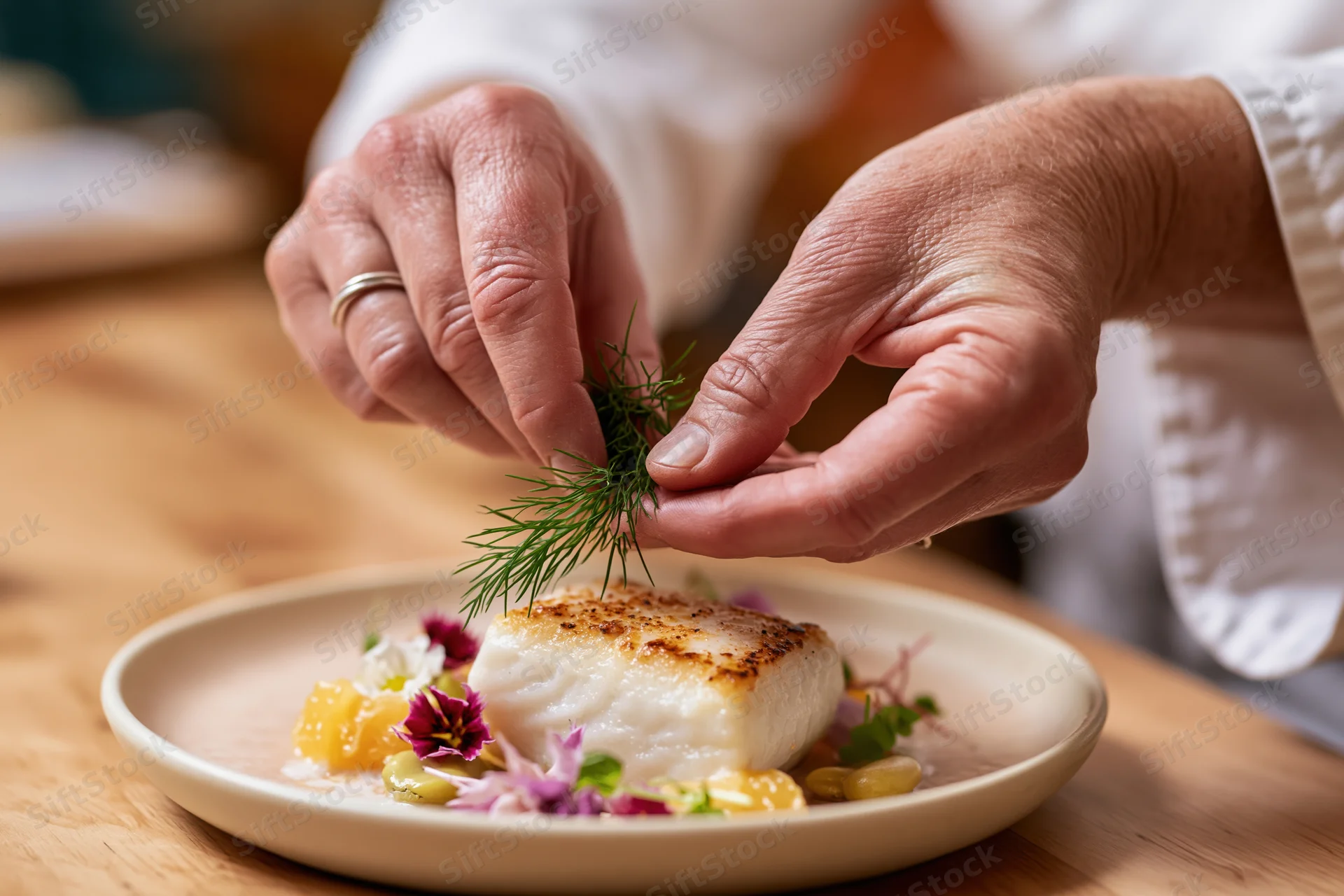 Chef's hands placing a sprig of dill onto a seared white fish dish on a plate