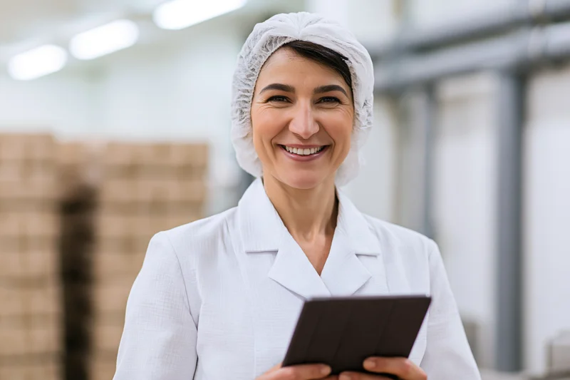 Woman in white lab coat and hairnet smiling while holding tablet in factory setting