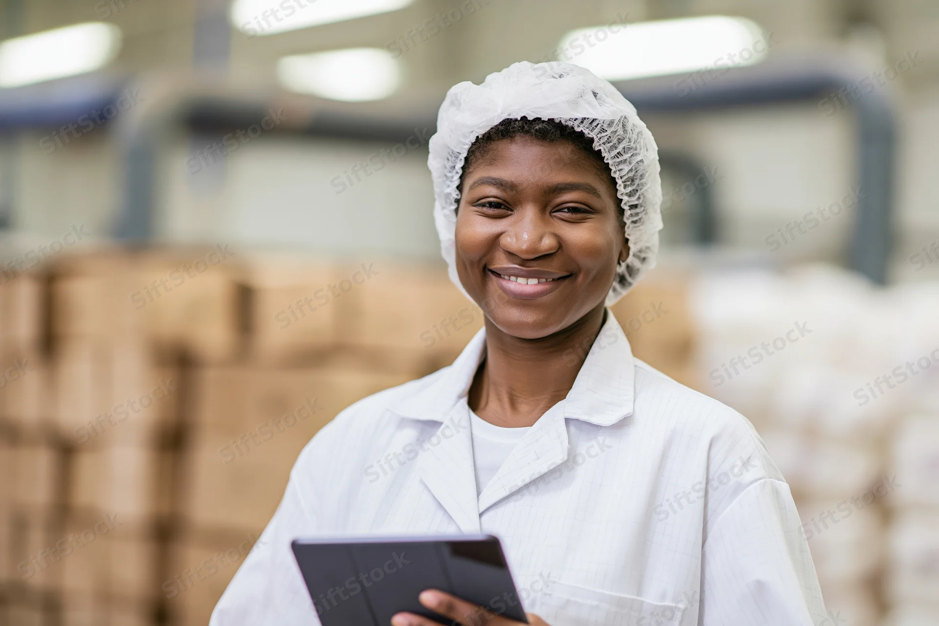 Woman in white lab coat holding tablet and smiling in factory warehouse