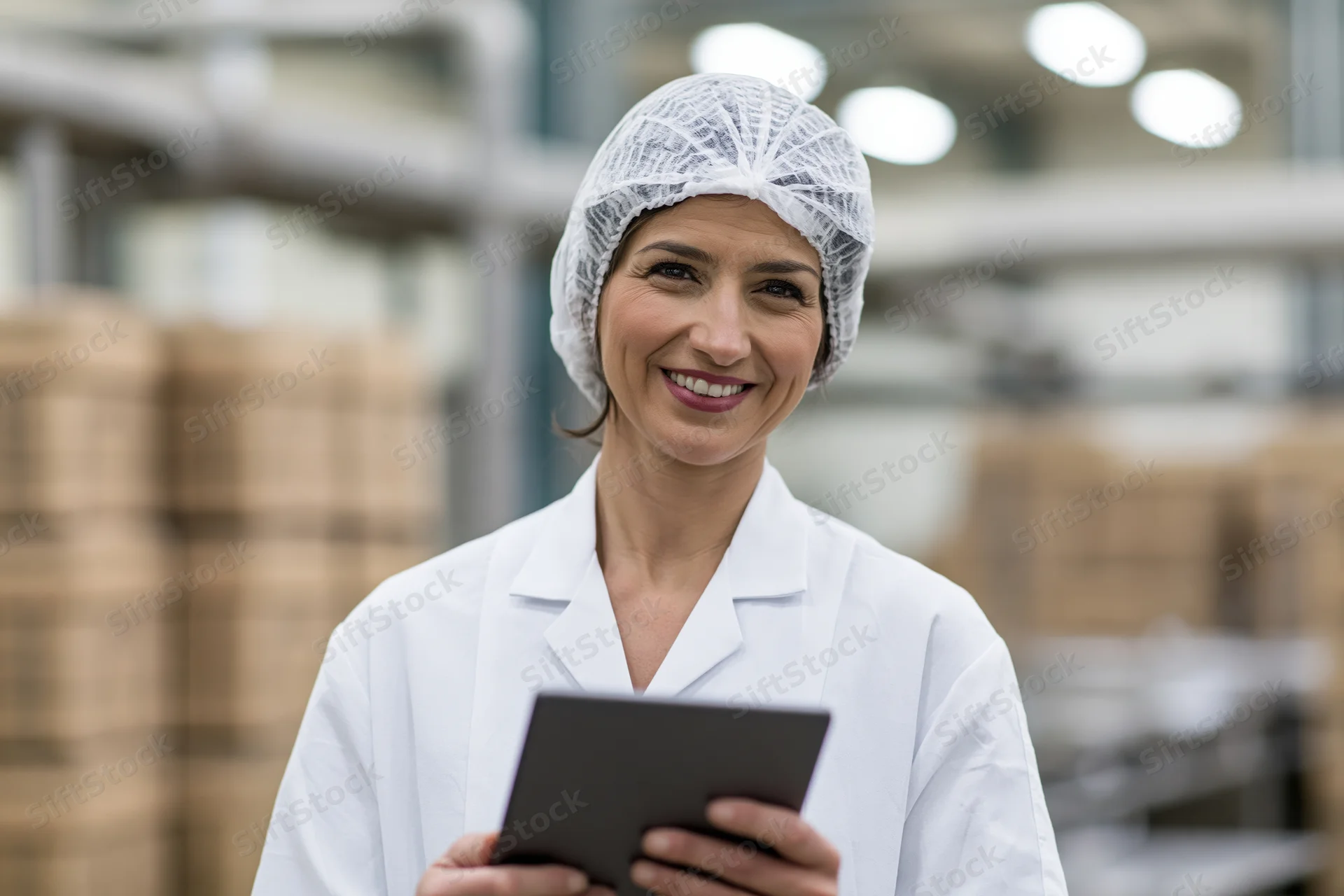 Woman in white lab coat and hairnet holding tablet while smiling in factory setting