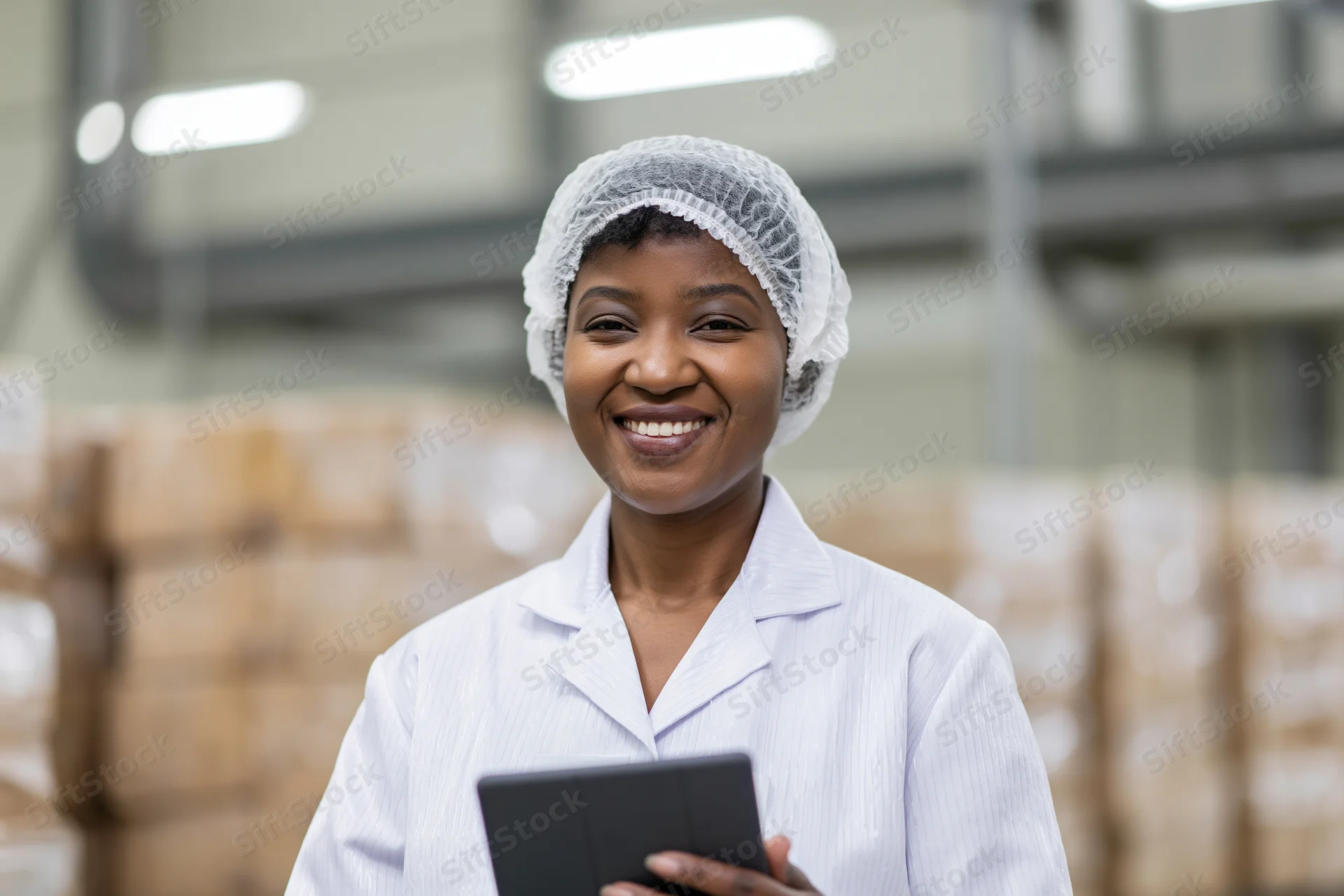 Smiling woman in lab coat holding tablet in factory warehouse
