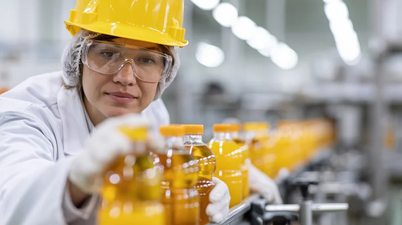 Woman in lab coat and hardhat inspecting orange juice bottles on a production line
