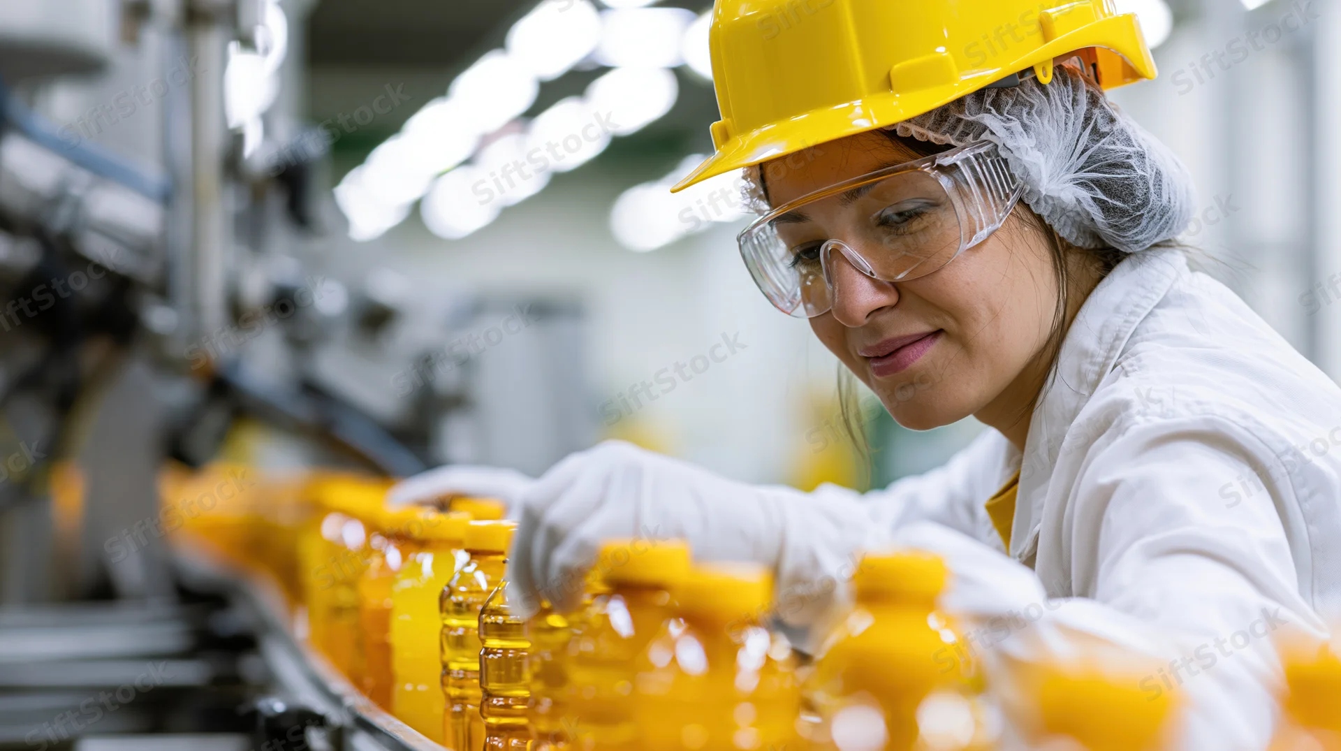 Woman inspecting bottles of orange juice on a factory conveyor line