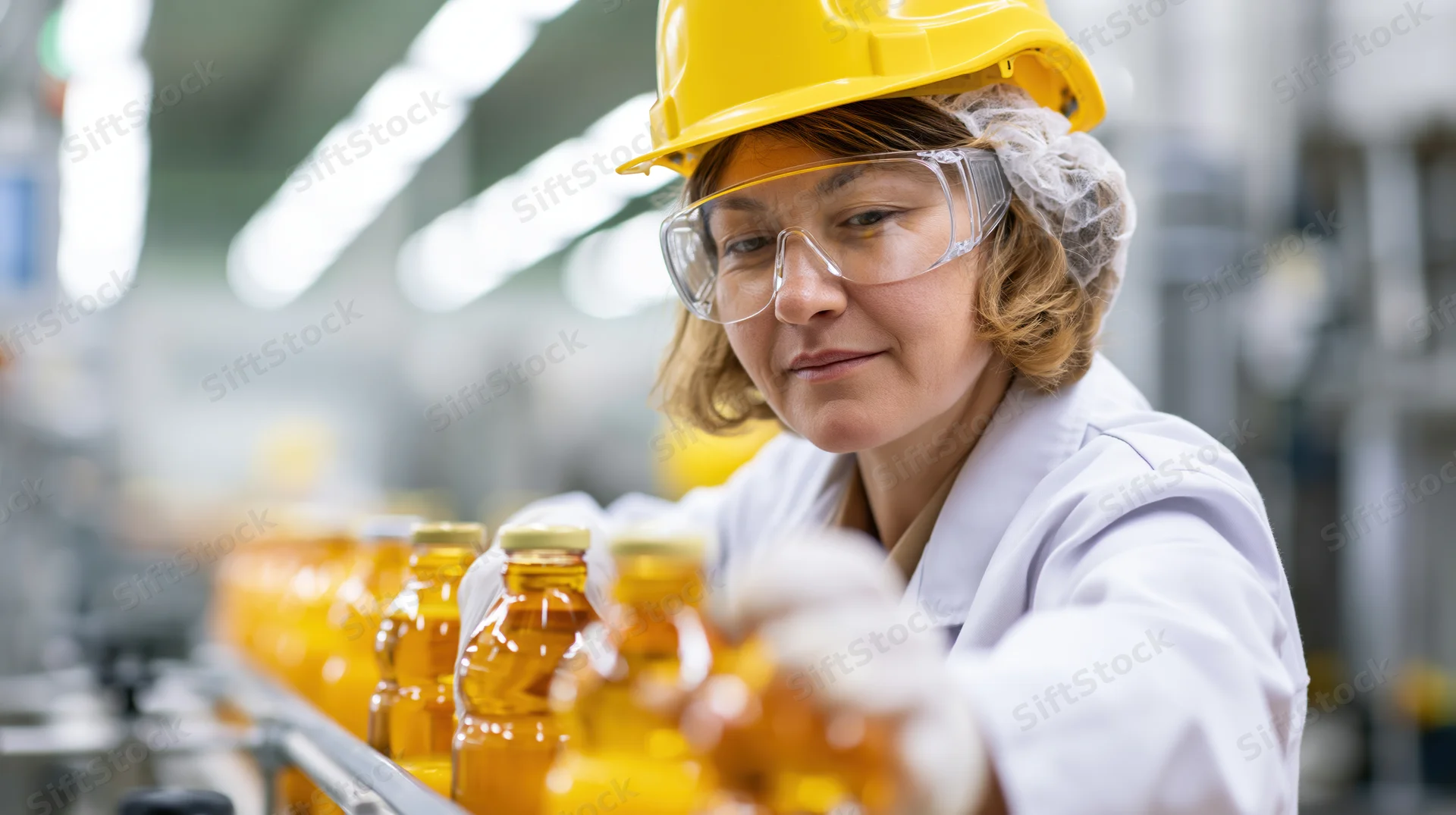 Woman in lab coat and safety gear inspecting bottles of orange juice on a factory conveyor line