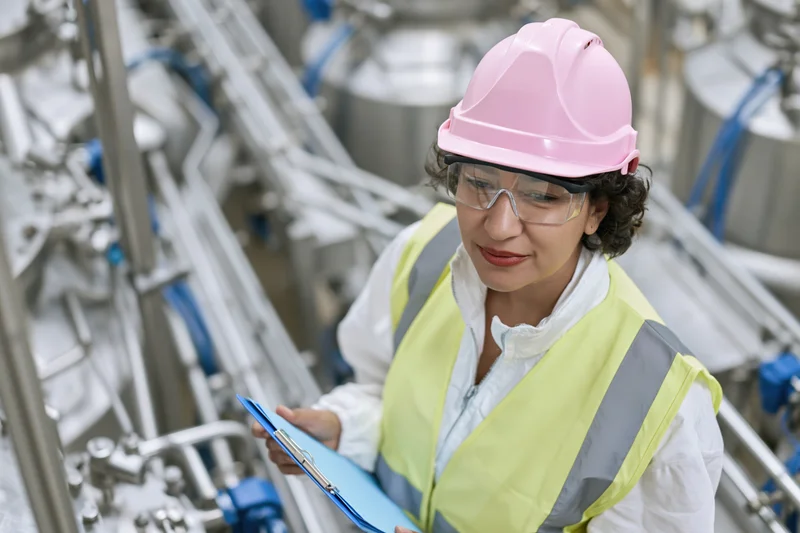 Woman in pink helmet and yellow vest holding clipboard in industrial factory setting