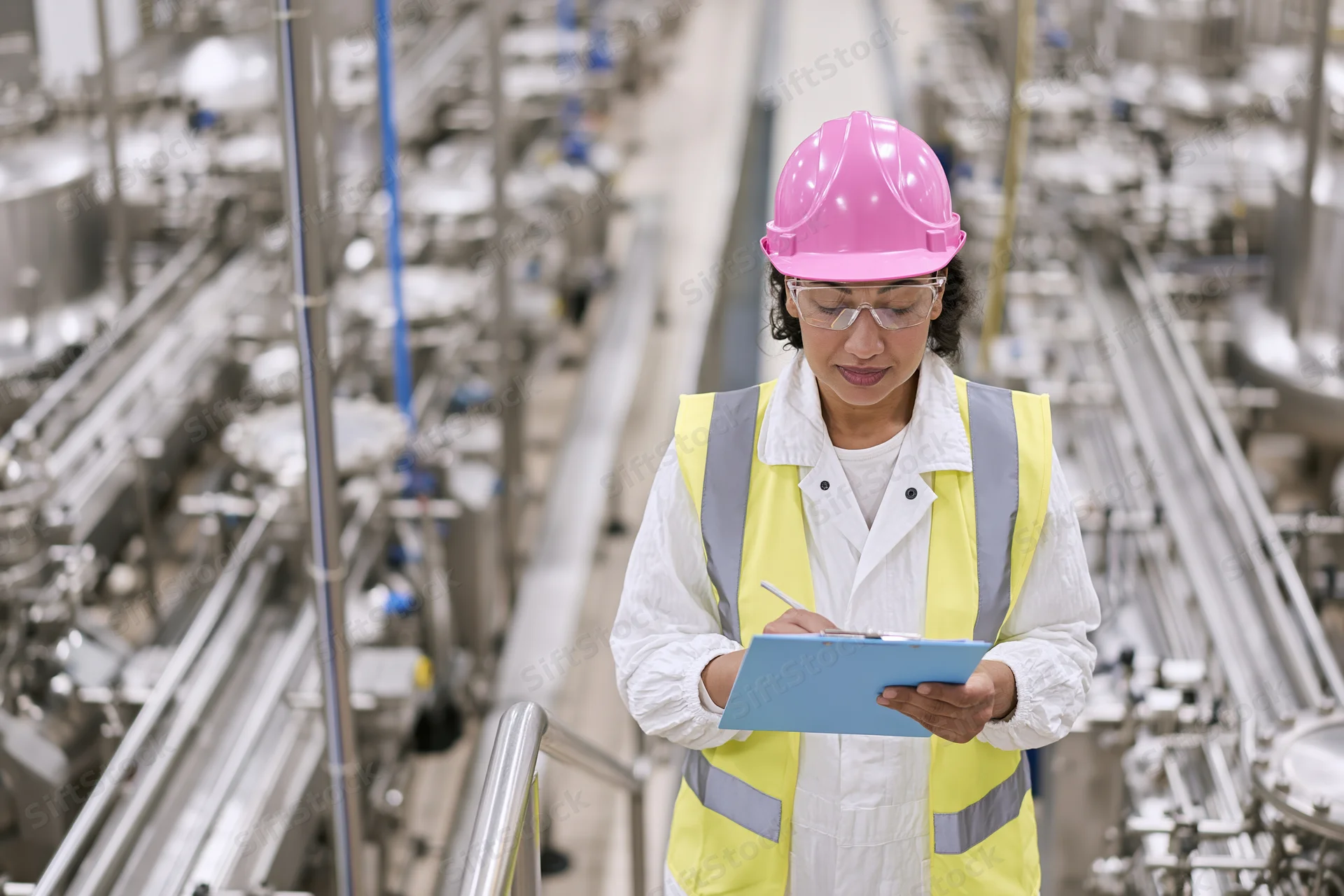 Woman in pink helmet and yellow vest writing on clipboard in factory production area