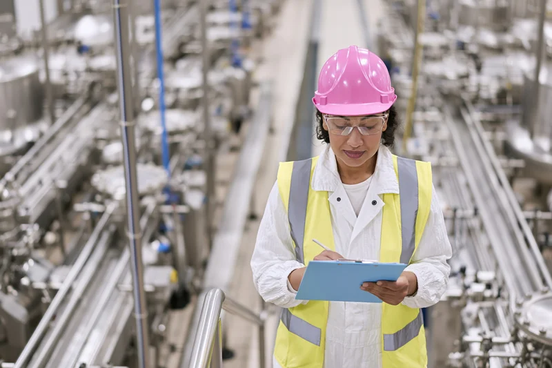 Woman in pink helmet and yellow vest writing on clipboard in factory production area