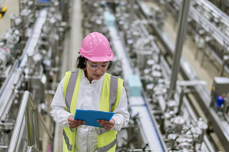 Woman in white coveralls and yellow safety vest holding blue clipboard while inspecting machinery in factory