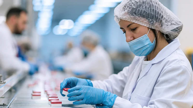 Woman in lab coat and hairnet inspecting capsules on assembly line in cleanroom