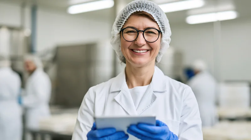 Woman in lab coat and hairnet smiling while holding tablet in food factory setting