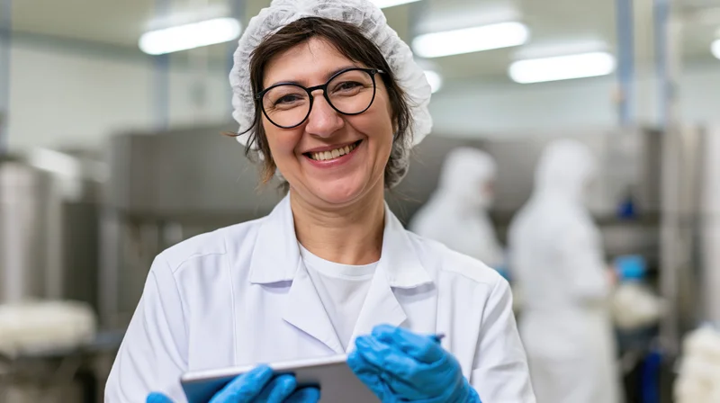 Woman in lab coat and blue gloves holding tablet while smiling in food factory cleanroom
