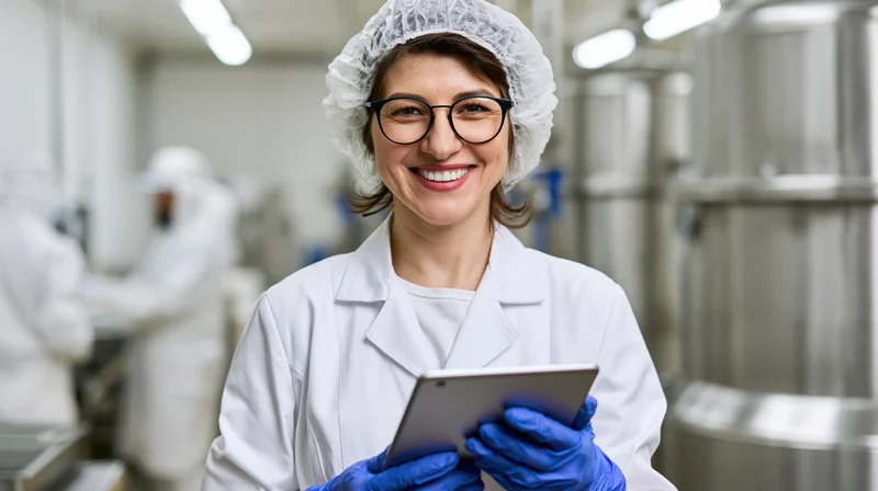 Woman in lab coat holding tablet smiling in food factory