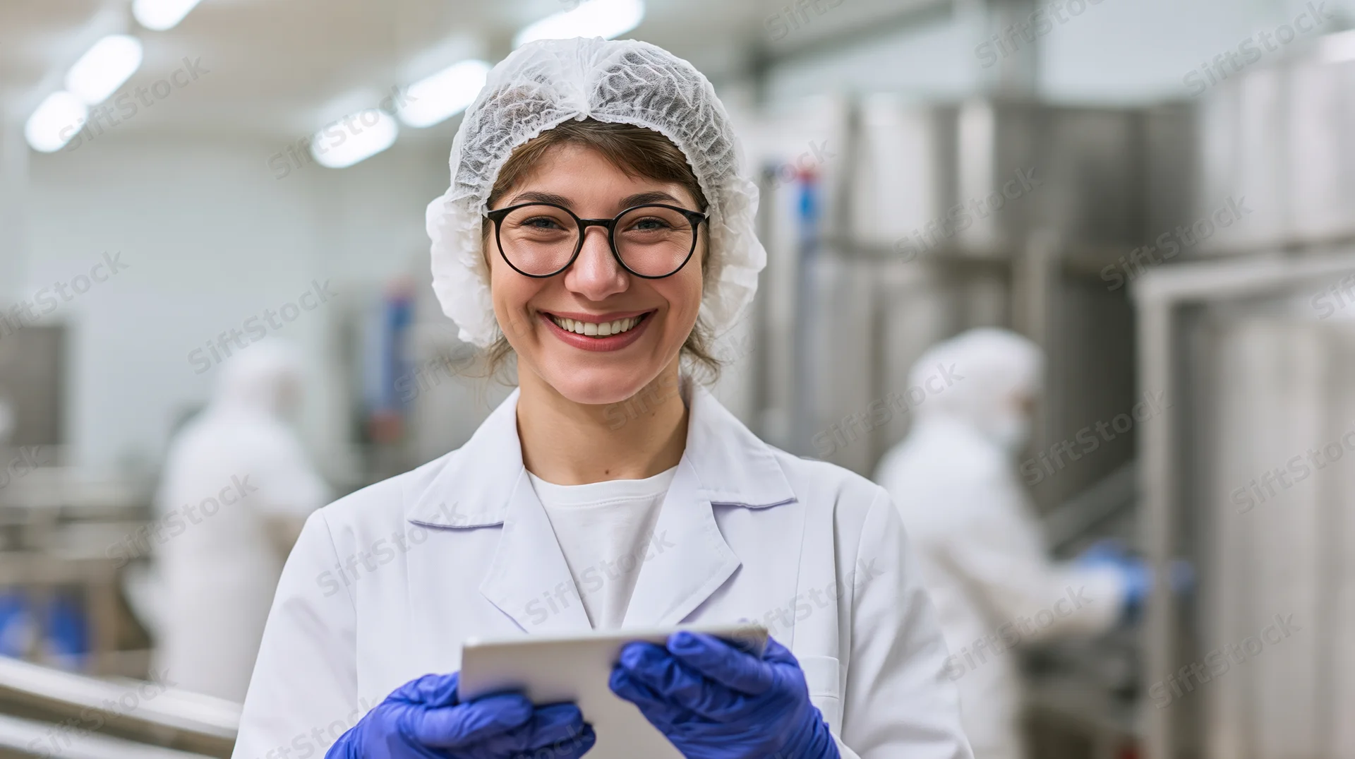 Smiling woman in lab coat and hairnet holding tablet in food factory production area