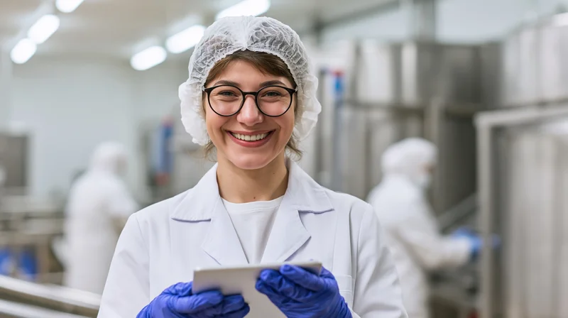 Smiling woman in lab coat and hairnet holding tablet in food factory production area