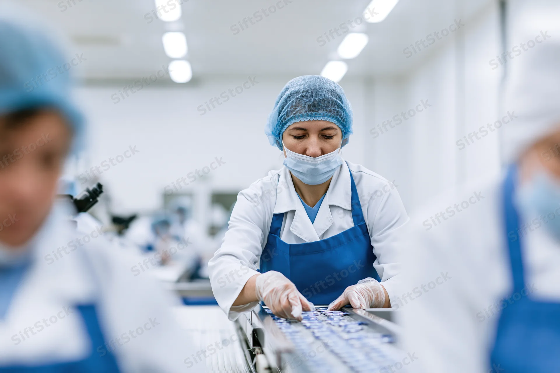 Woman arranging products on a conveyor belt in a food factory production line