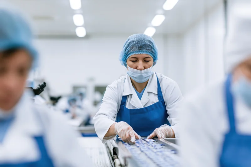 Woman arranging products on a conveyor belt in a food factory production line