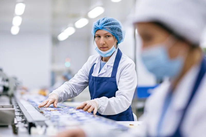 Woman in protective gear arranging packaged products on a conveyor line in a food factory