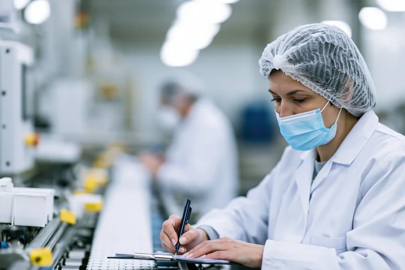Woman in lab coat and face mask writing on clipboard in factory setting