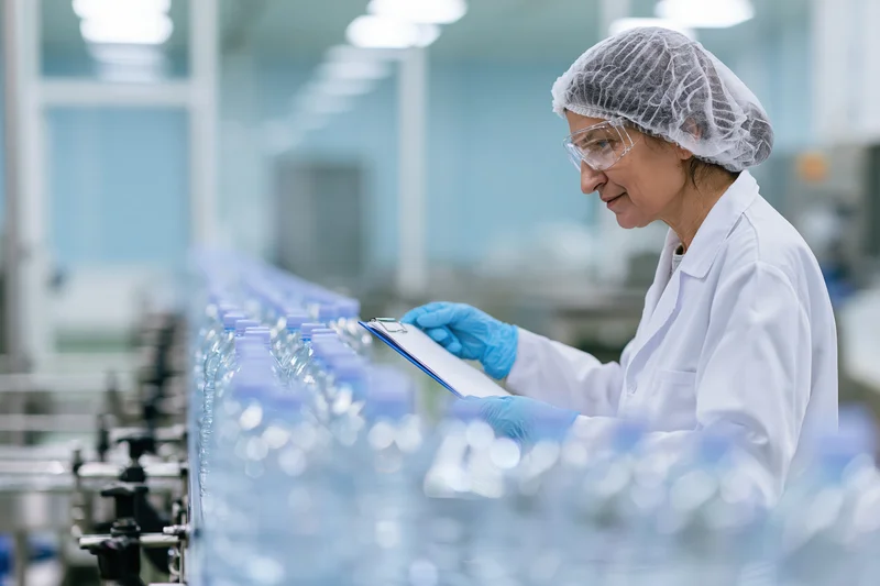 Woman in lab coat inspecting bottled water on production line in factory