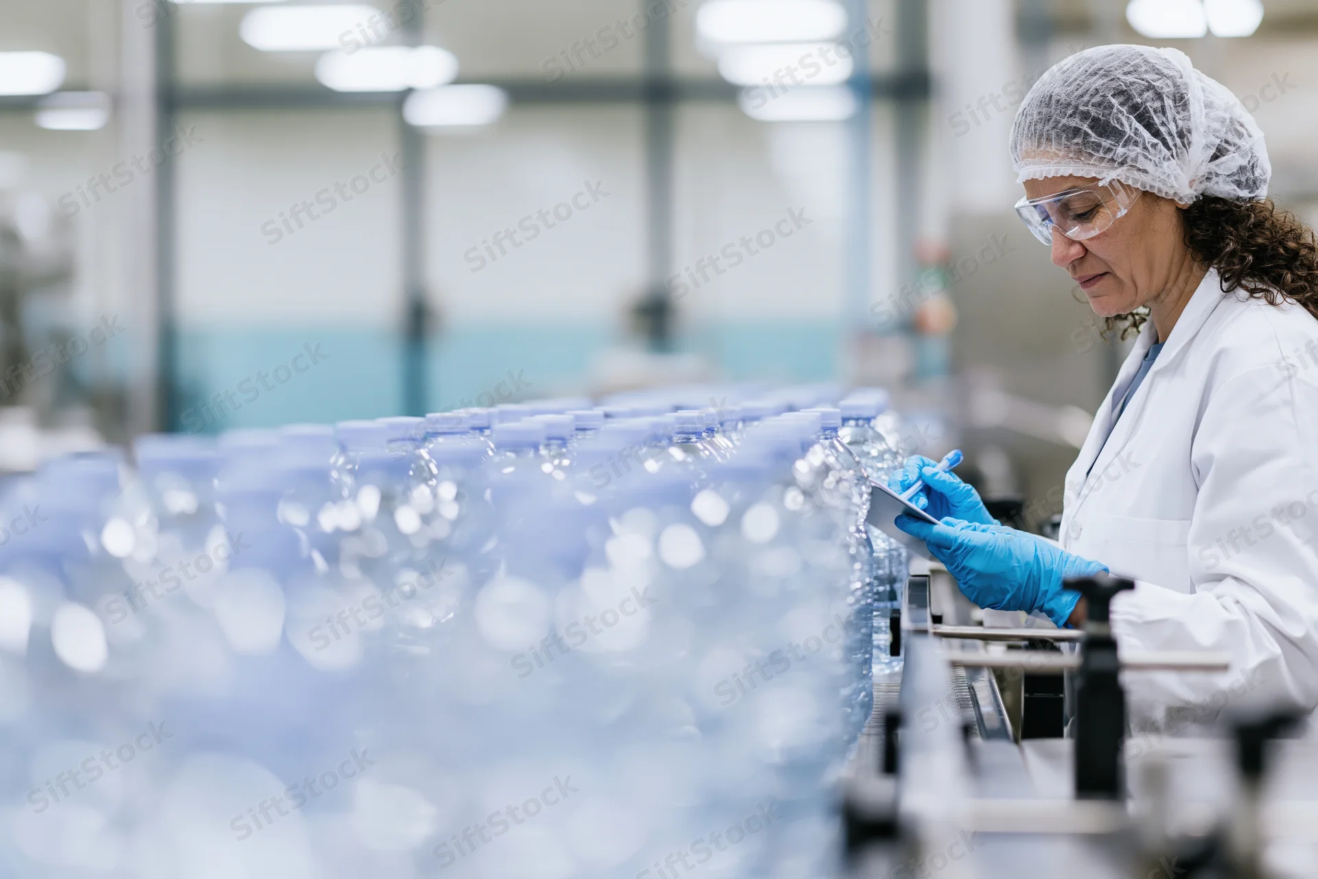 Woman in lab coat inspecting plastic bottles on a production line in a factory