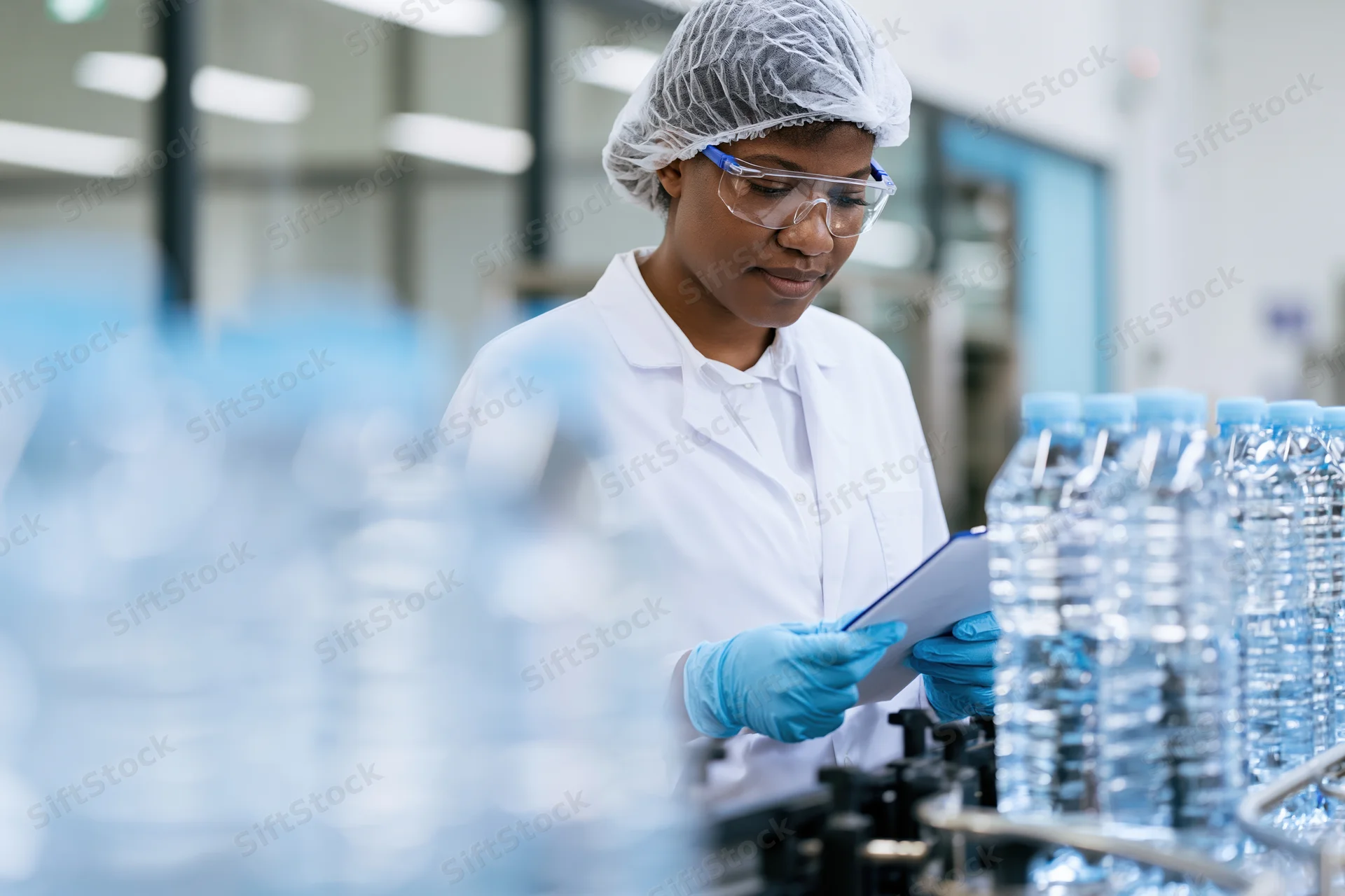 Woman in lab coat inspecting bottled water on production line in factory