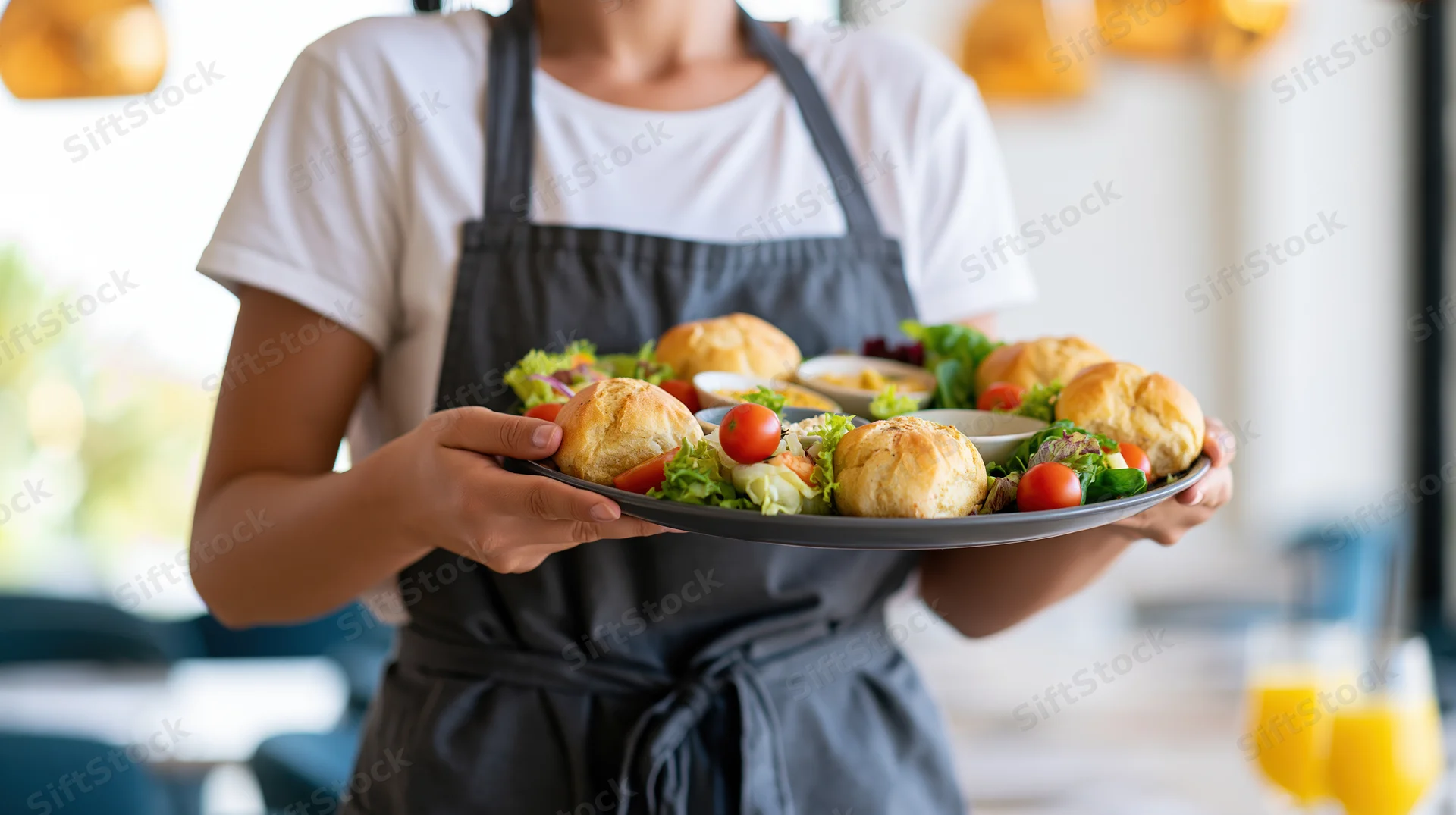 Woman in apron holding tray of breakfast food in restaurant dining area