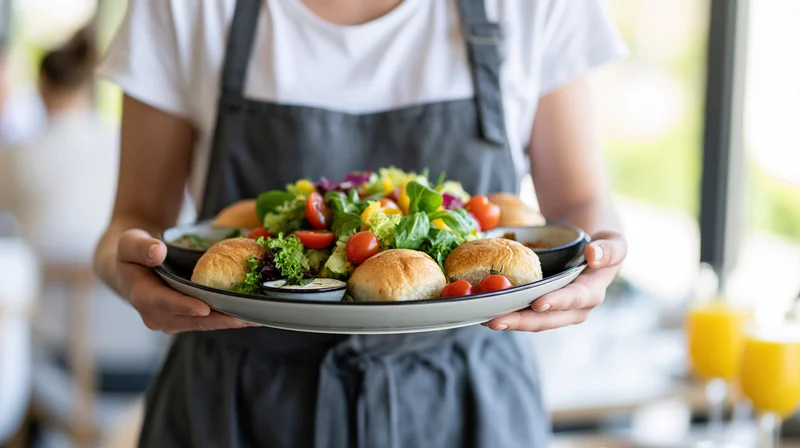 Woman in apron holding tray with salad and bread rolls in restaurant dining area